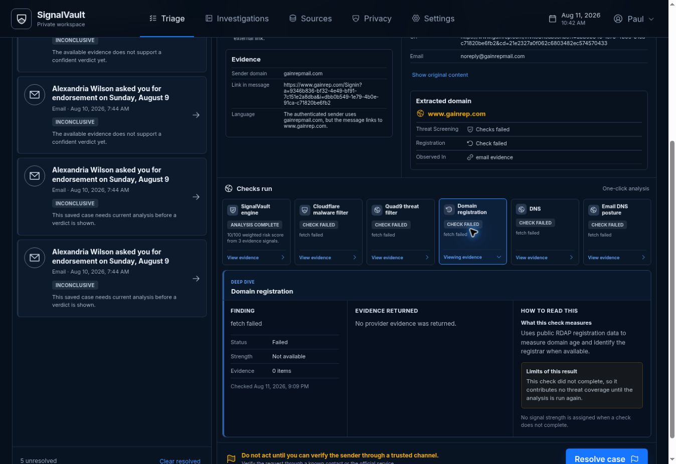 Evidence detail — sender vs link domain mismatch surfaced automatically