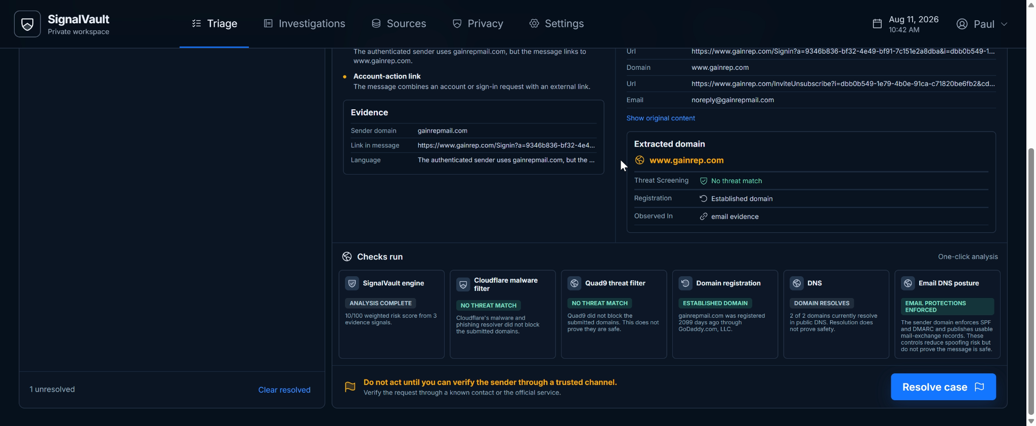 Source view — every extracted observable from the submitted message